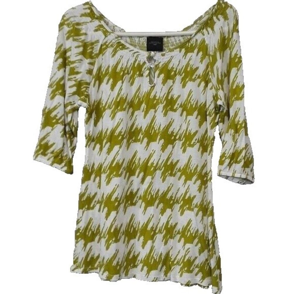 Deletta Anthropologie Womens Top Small Green Watercolor Print‎ 3/4 Sleeve BOHO